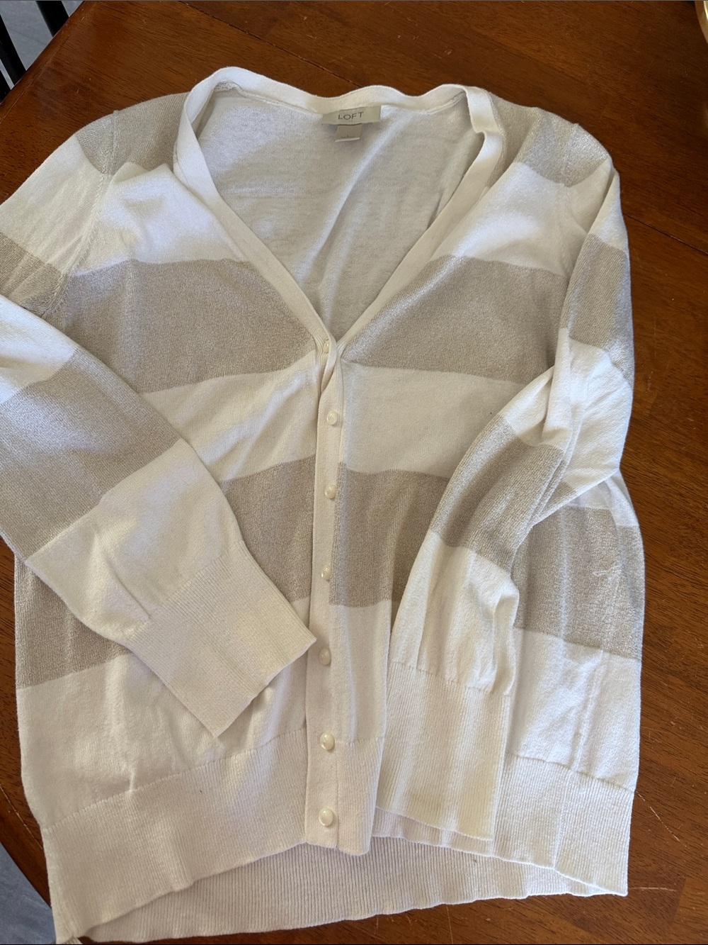 LOFT White and Light Taupe Striped V-Neck Cardigan